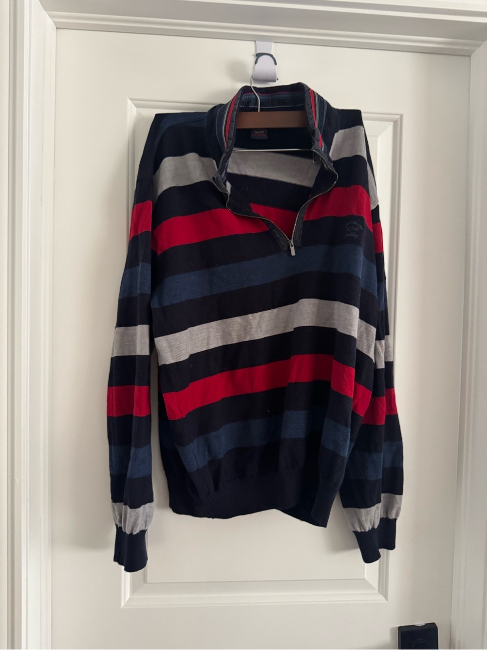 Paul & shark wool Men's Quarter-Zip Striped Sweater - Navy, Red & Gray